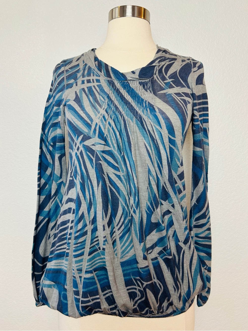 Melanera Made In Italy Blouse Women's S Gray Purple Bamboo Print Long Sleeve Top